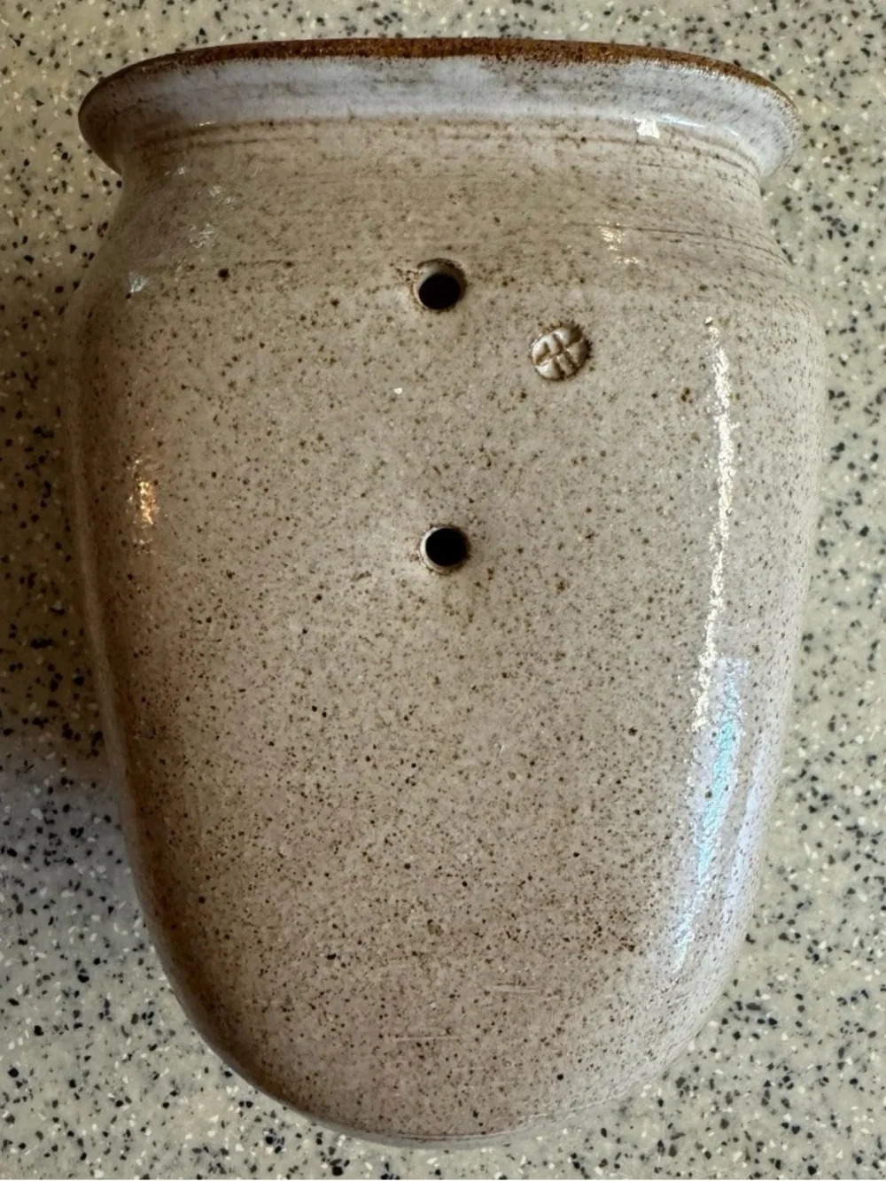 Vintage Speckled Stoneware Wall Pocket.Inscribed Handmade Rustic Farmhouse